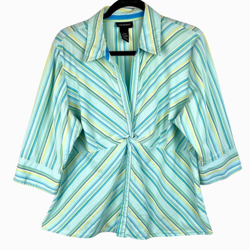 Lane Bryant 14/16 Knot-Front Blouse Aqua Green & White Striped 3/4 Sleeve VGUC
